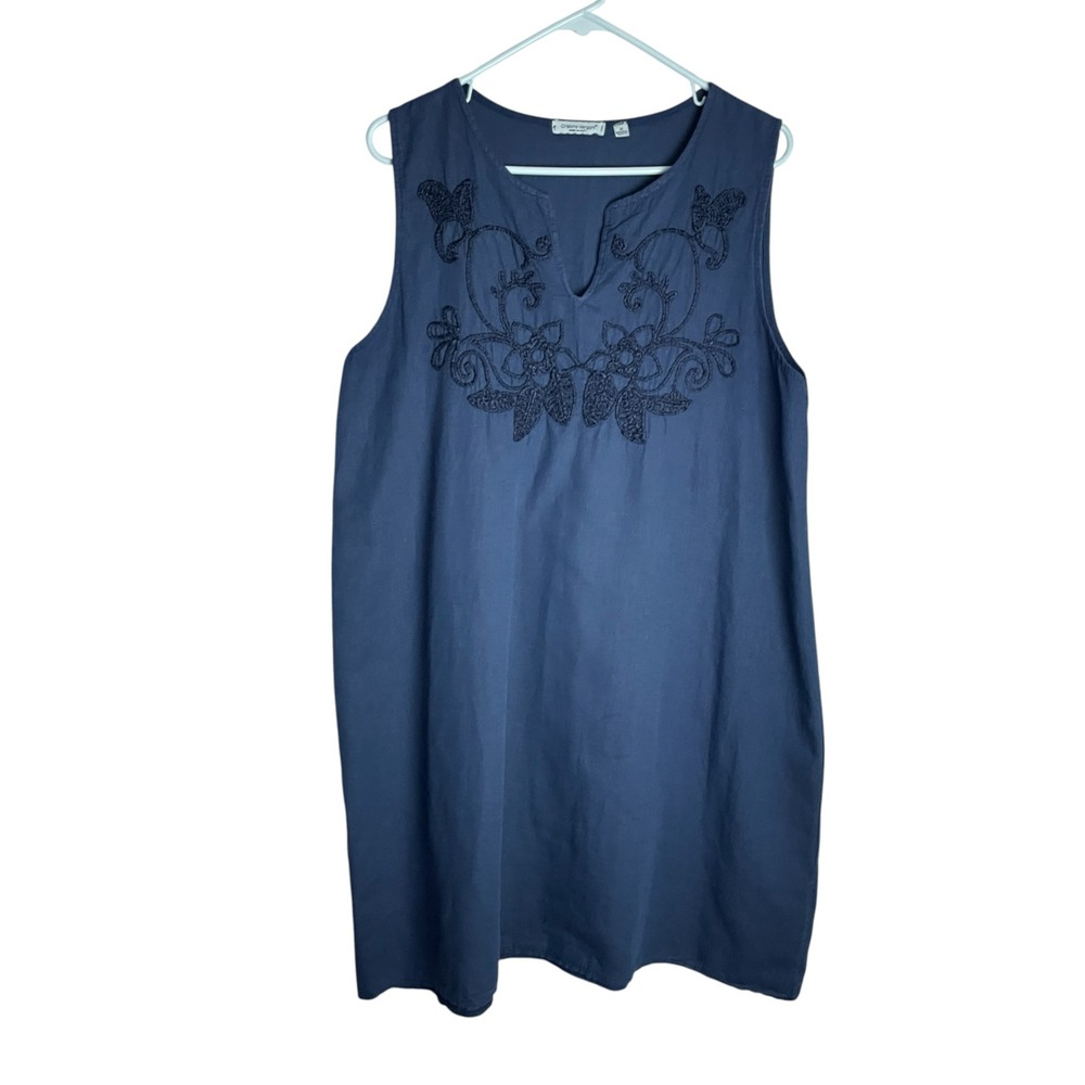 Cristina Vergani Womens Embroidered Shift Dress Size M Blue Linen Blend Italy